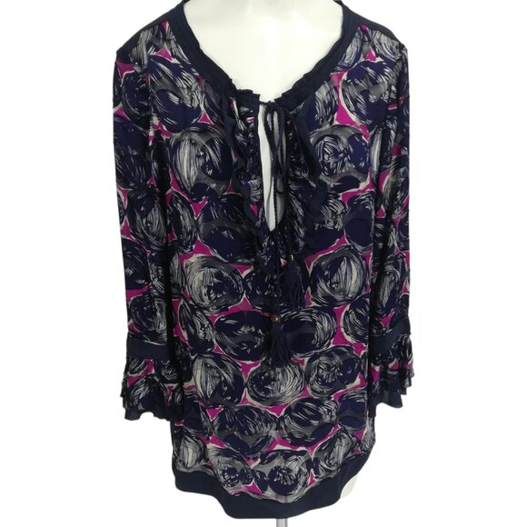 Tory Burch Silk Blend Peasant Tassel Ruffle Bell Sleeve Blouse Size 10 Shirt - Picture 1 of 15
